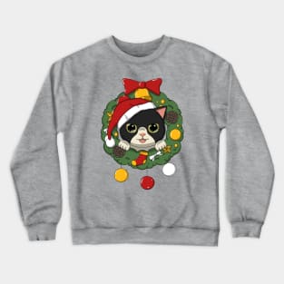 Cute Tuxedo Cat In Christmas Wreath Crewneck Sweatshirt